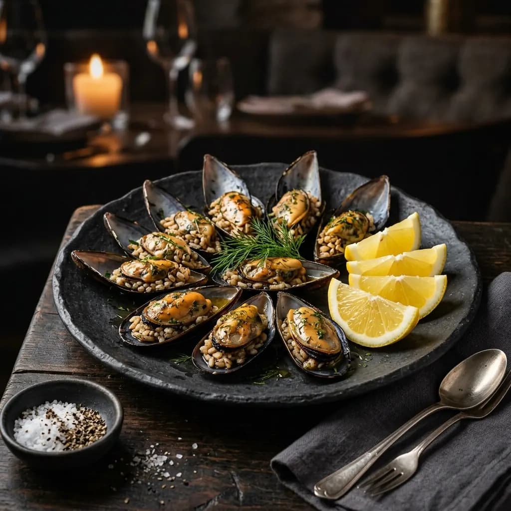 Fresh Turkish stuffed mussels with seasoned rice at Midyaji Basha